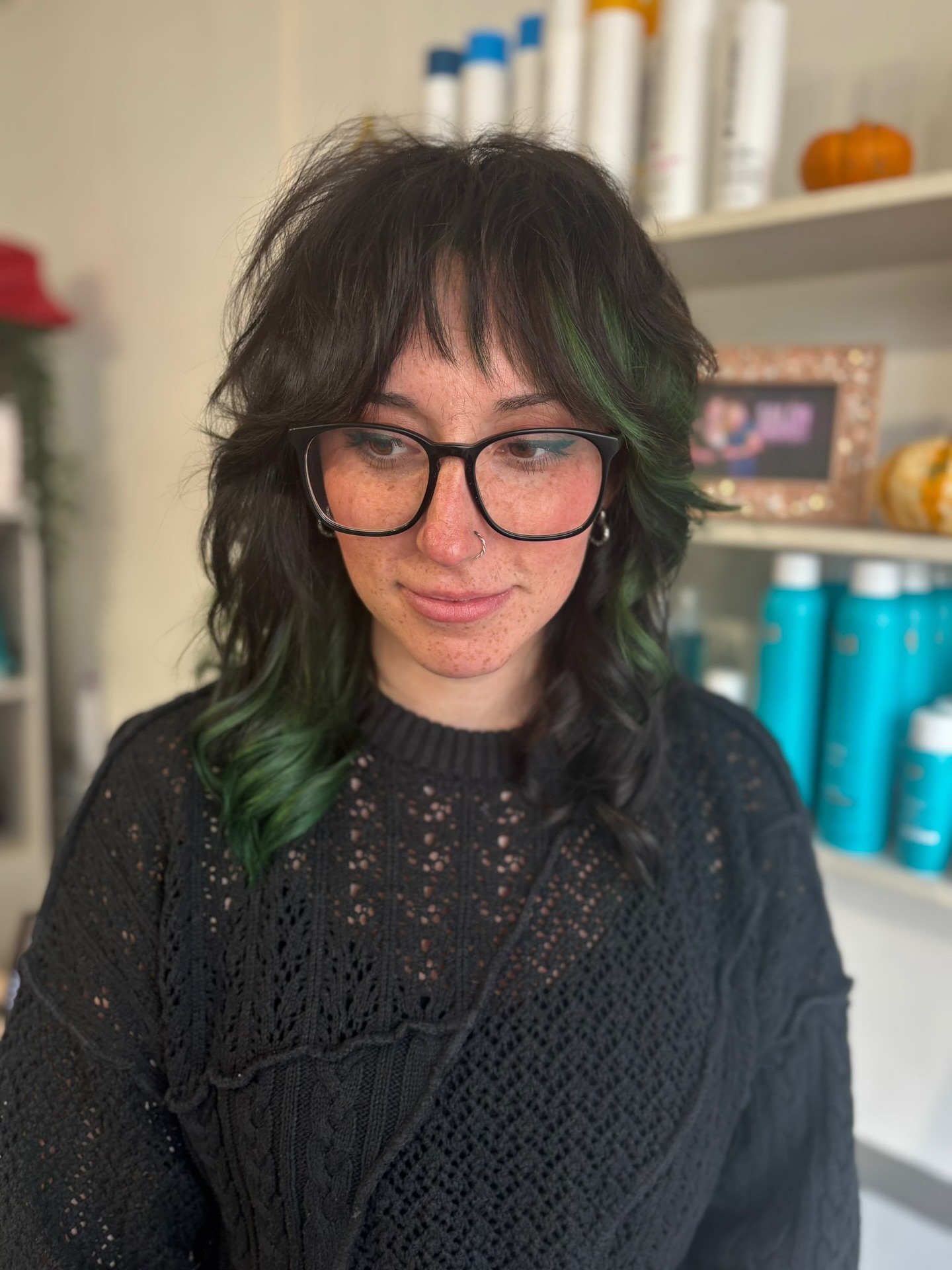 Edgy Textured Wolfcut with Vibrant Green Highlights