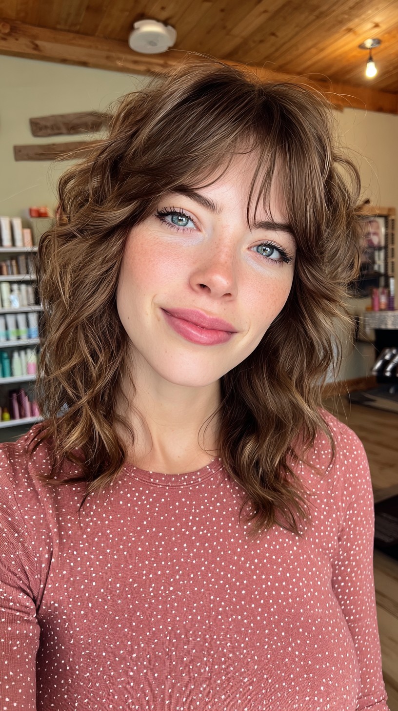 Effervescent Chestnut Tousled Layers with Soft Bangs