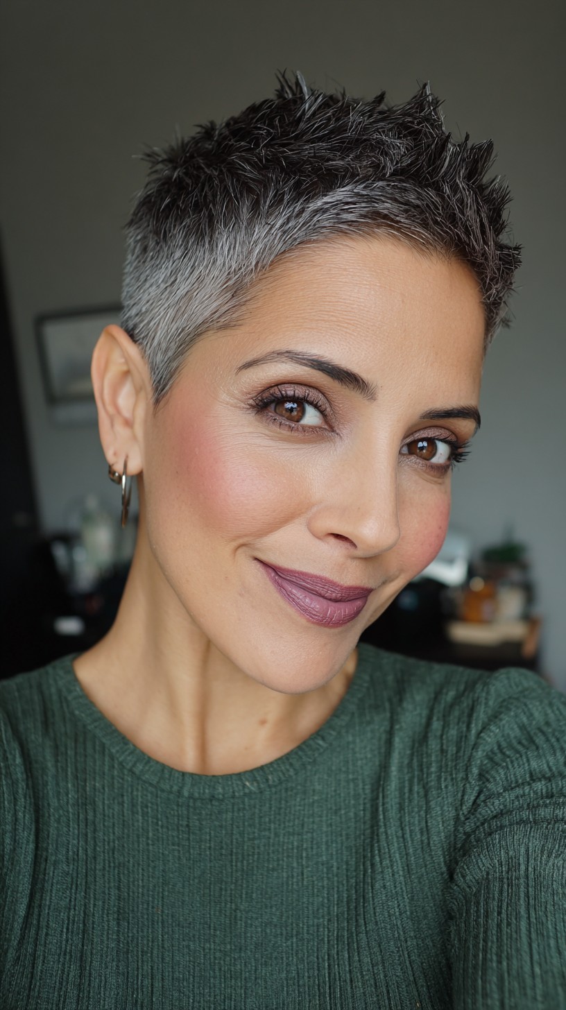 Elegant Salt-and-Pepper Textured Pixie with Soft Edges