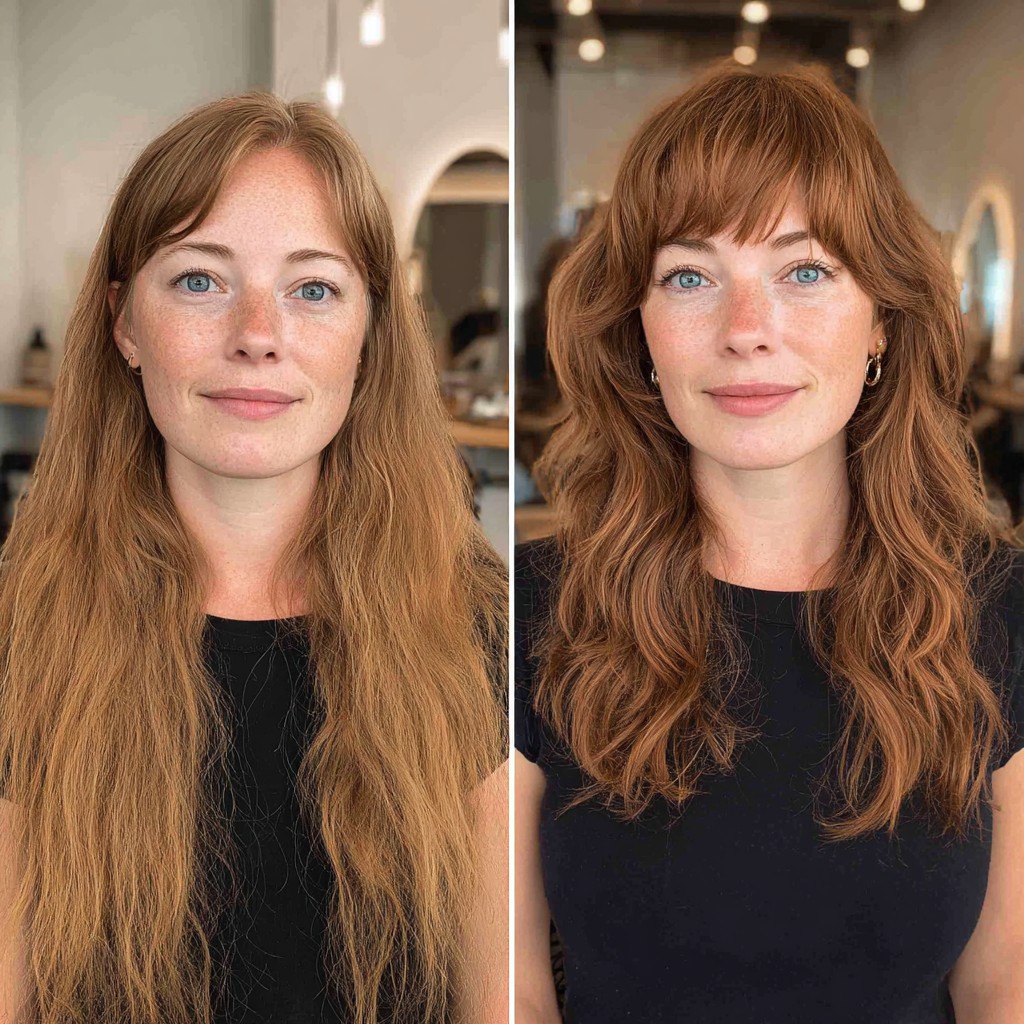Fiery Auburn Waves with Fringed Bangs