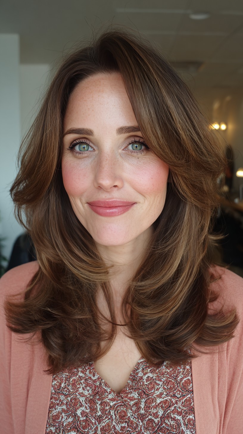 Flowing Chestnut Layers with Soft Curls