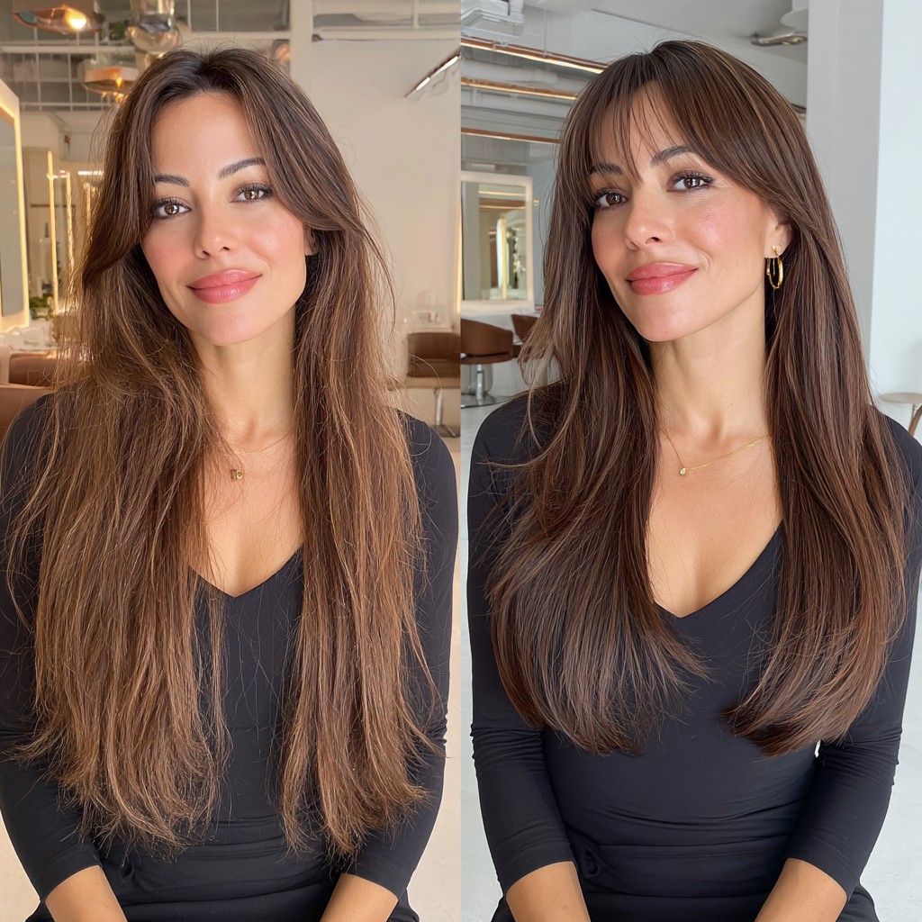 Pristine Chestnut Cascade with Seamless Bangs