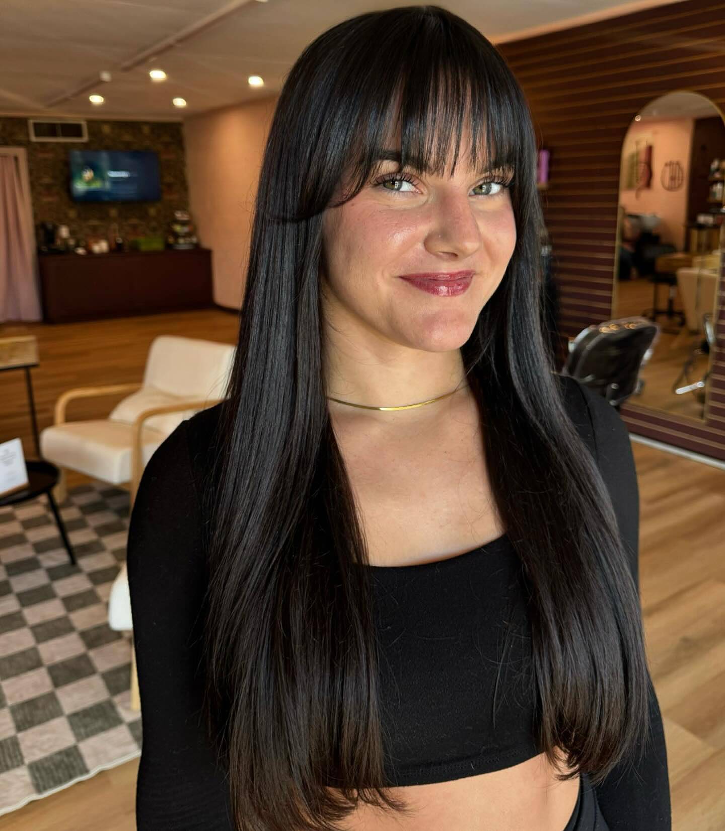 Sleek Long Hair with Blunt Bangs