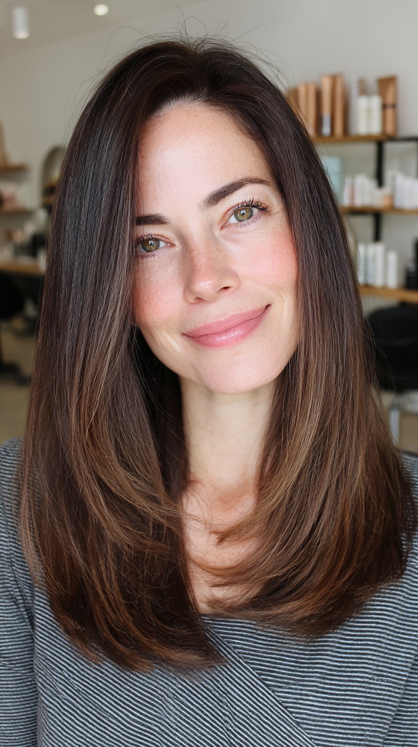 Smooth Chestnut Layered Cut for Thick Hair