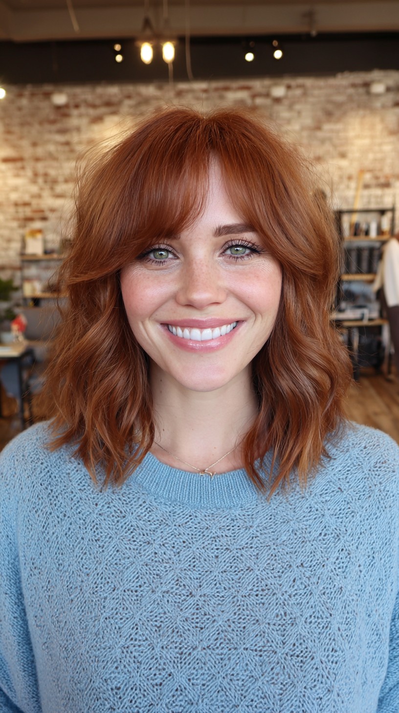 Soft Copper Waves with Curtain Bangs