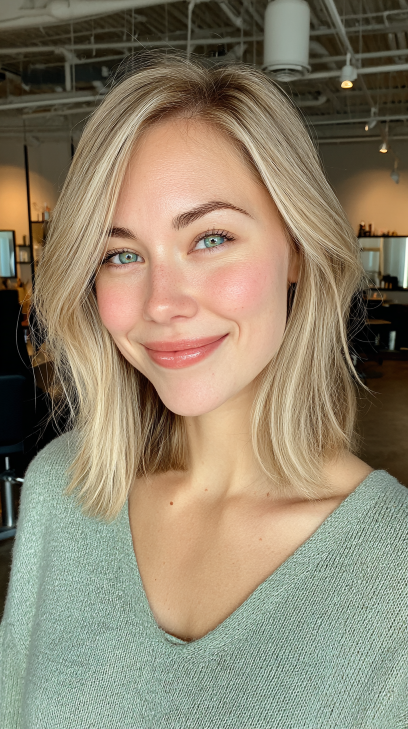 Softly Textured Long Bob with Subtle Blonde Highlights