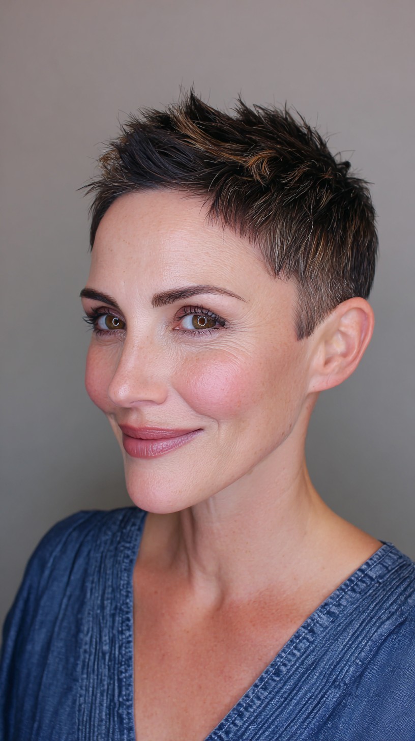 Striking Brunette Spiked Pixie with Sun-Kissed Highlights