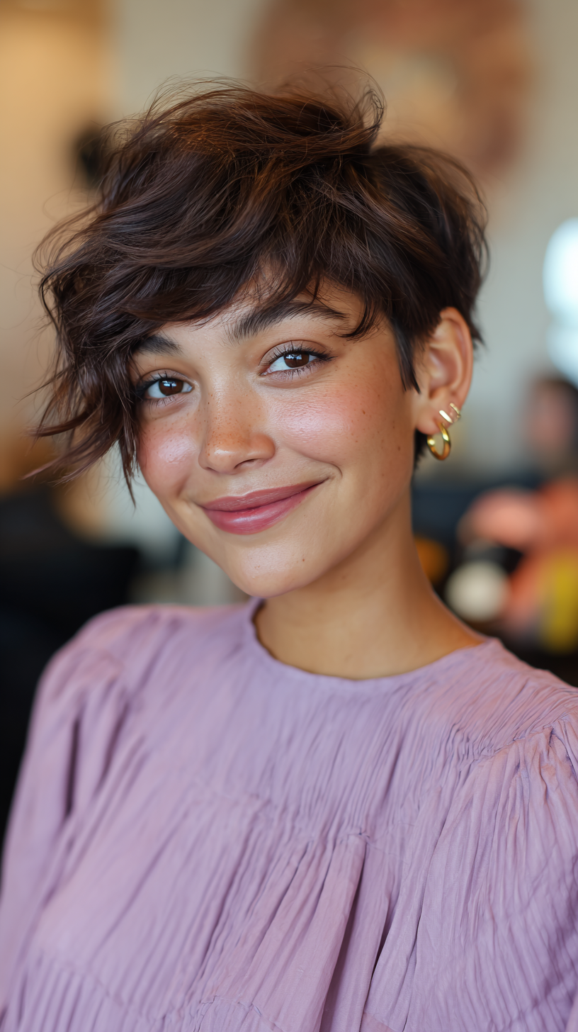 Textured Chocolate Pixie Cut with Soft Waves