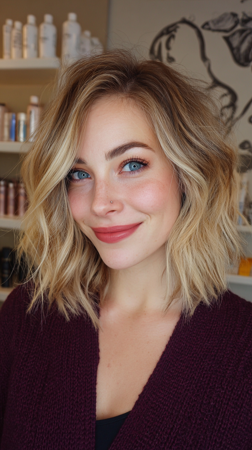 Textured Long Bob with Warm Blonde Highlights