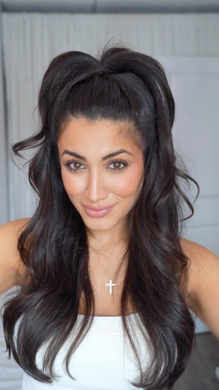 Voluminous Half-Up Bouffant with Cascading Waves