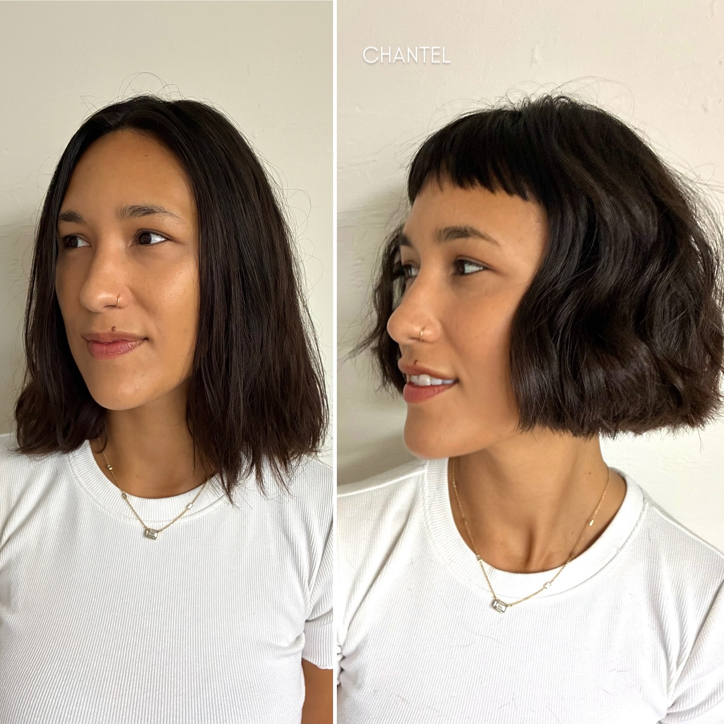 Brunette Wavy Micro Bob with Bold Bangs