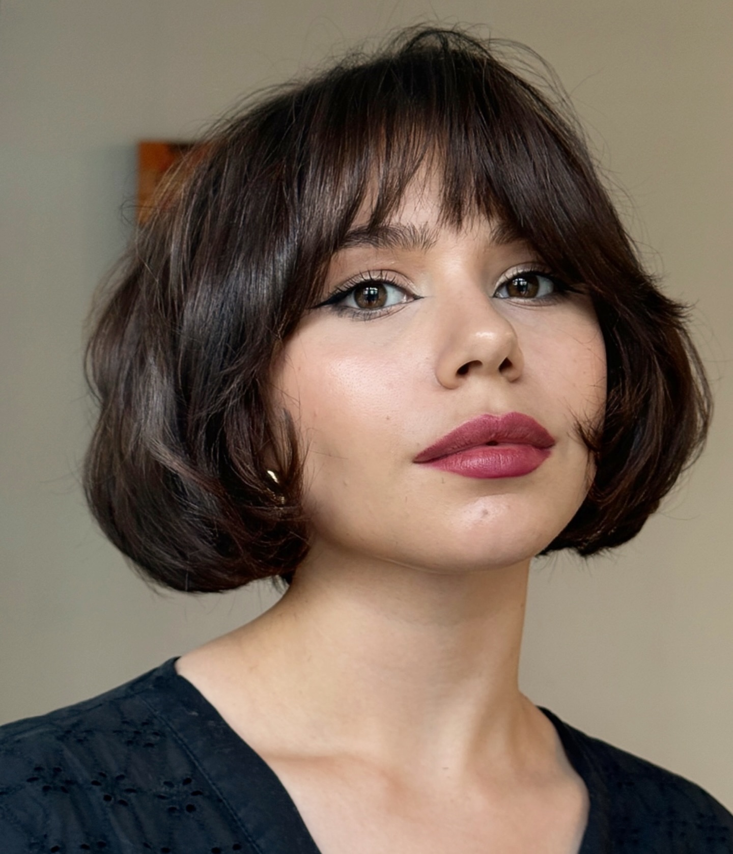 Chic Chestnut Bob with Curtain Bangs