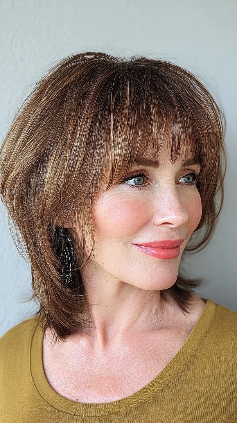 Chic Chestnut Layers with Soft Bangs