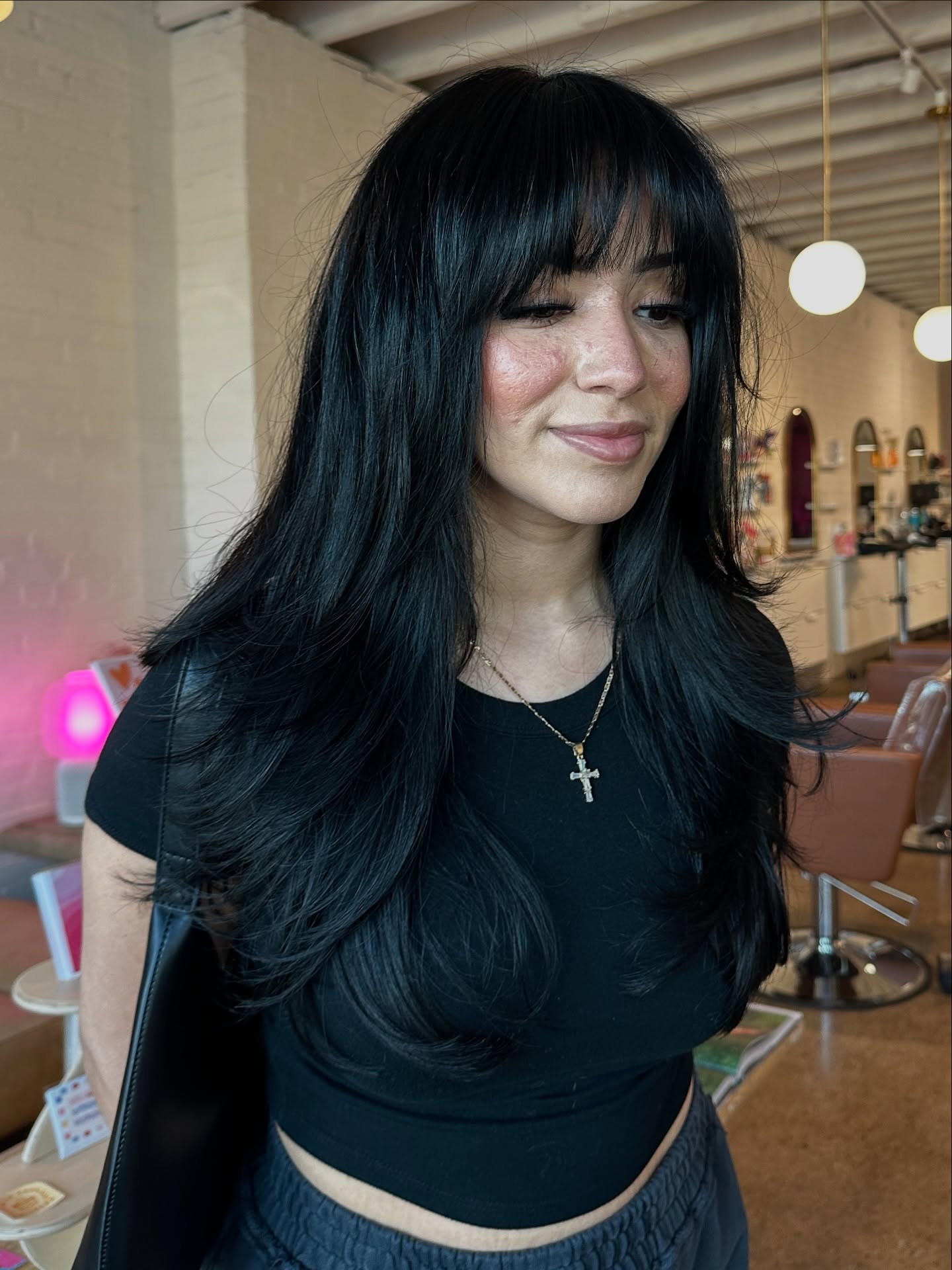 Chic Long Layers with Soft Blunt Bangs