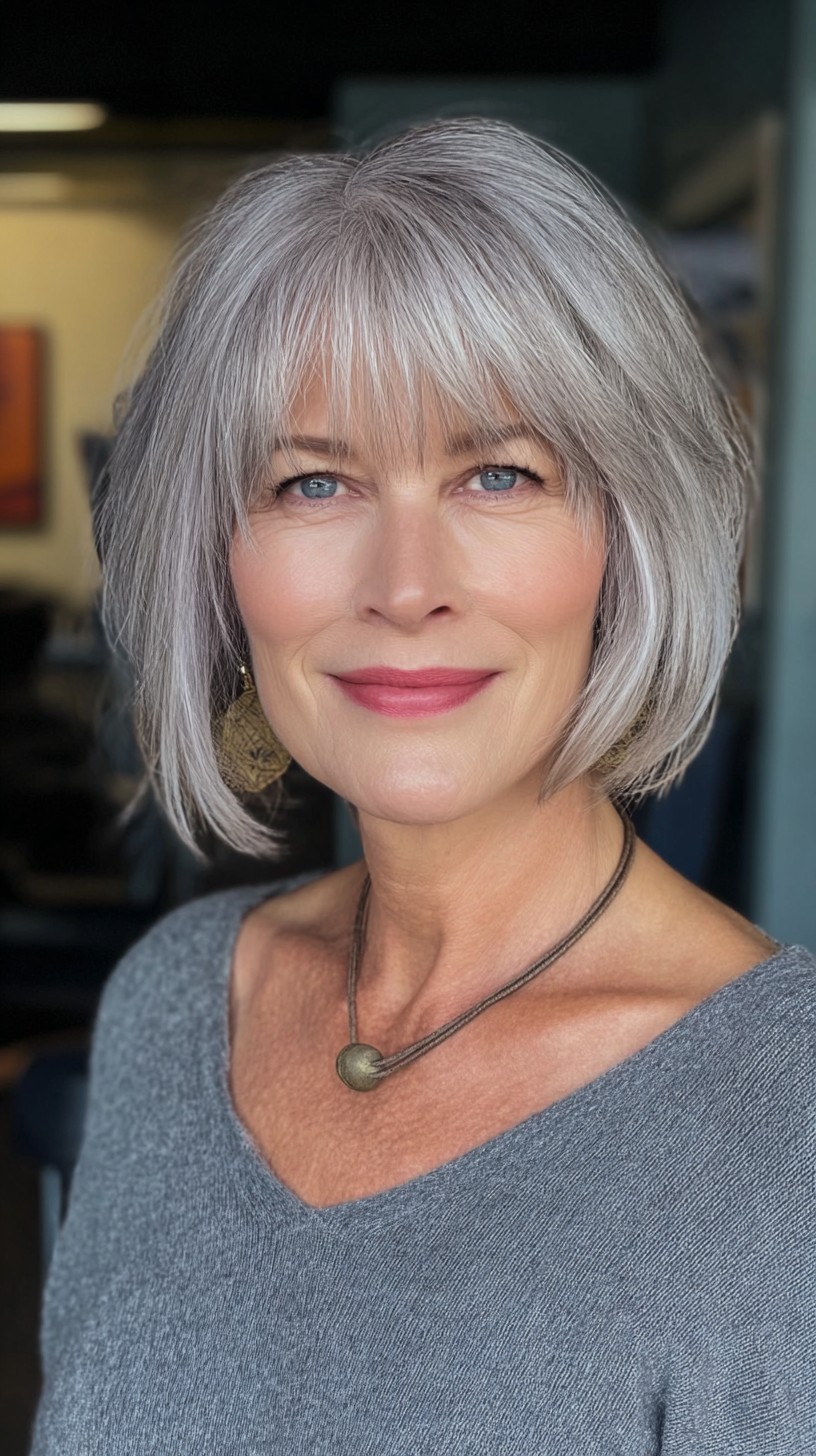 Chic Silver Bob with Soft Bangs