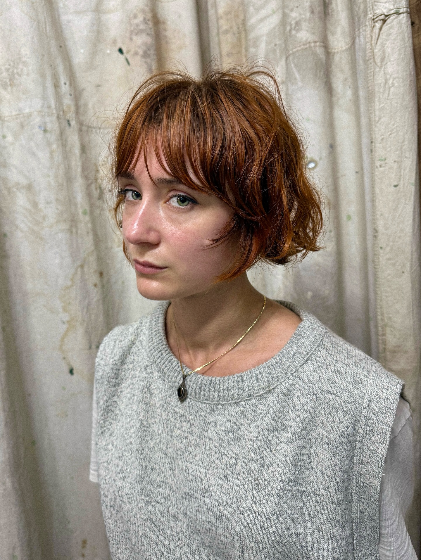 Copper-Toned Tousled Micro Bob with Bangs