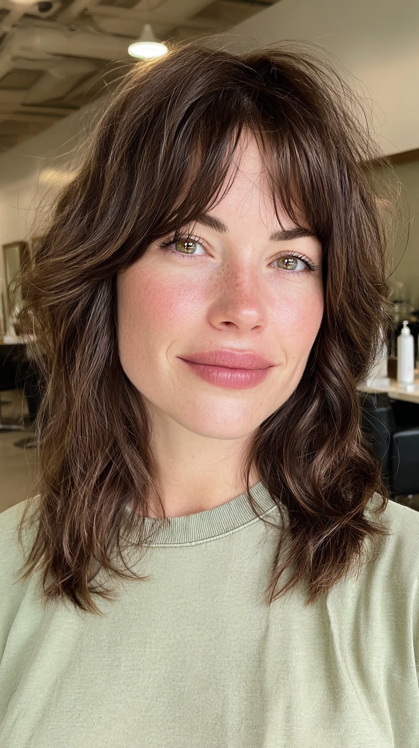 Effortless Cascading Brunette Waves with Natural Bangs