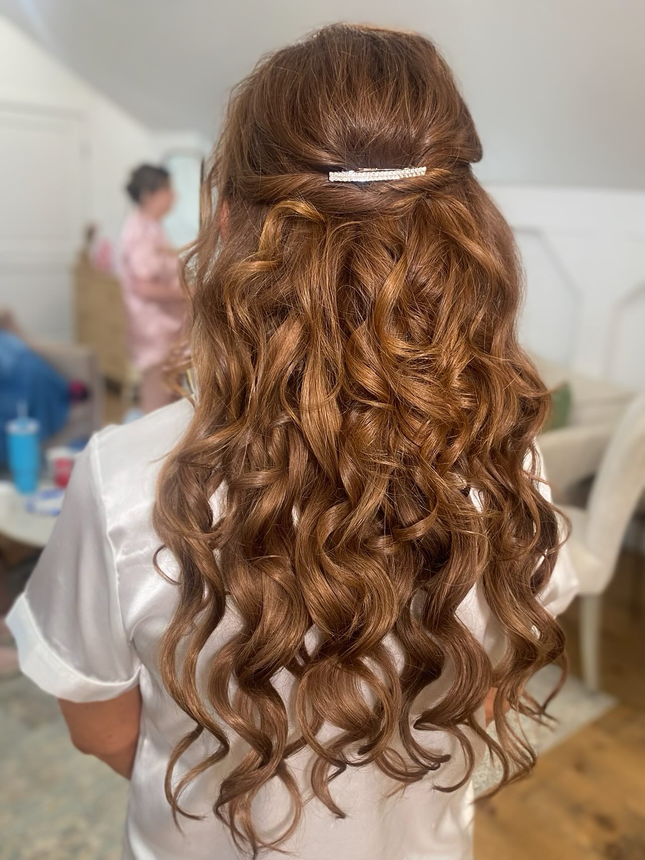 Luxurious Copper Waves with Half-Up Twisted Detail