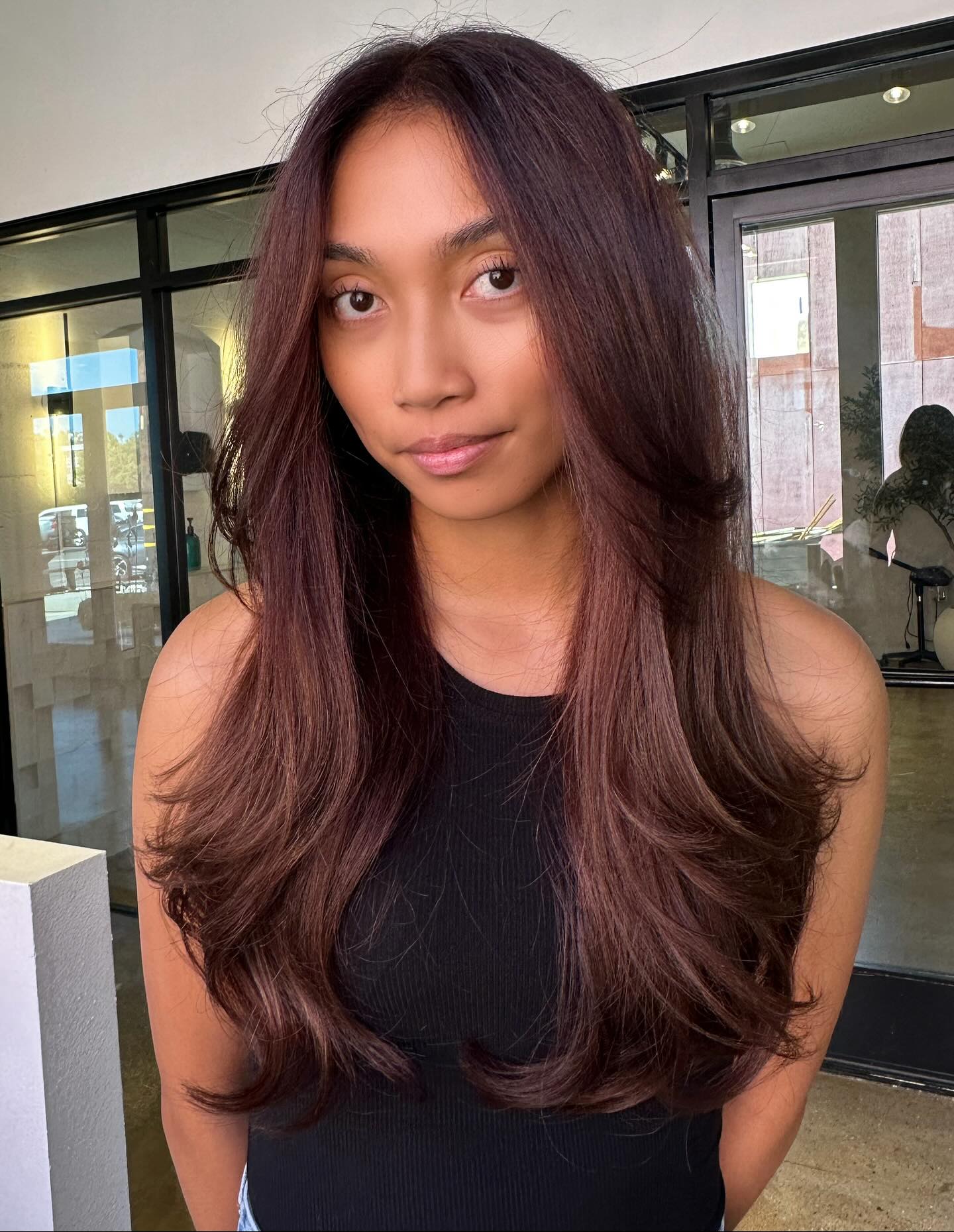 Rich Burgundy Layers with Gentle Face-Framing