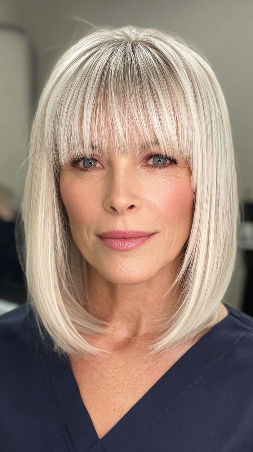 Sleek Platinum Blunt Bob with Feathered Bangs