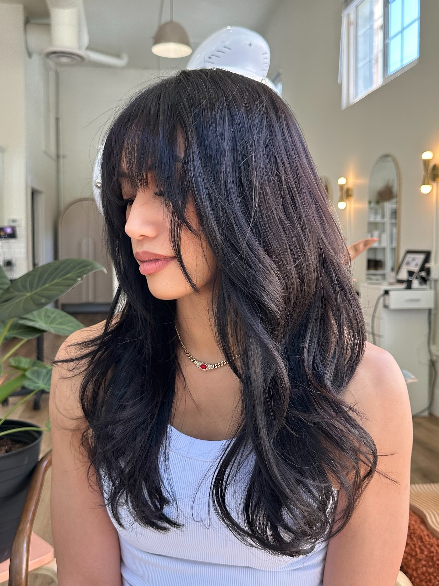 Softly Layered Black Hair with Wispy Bangs