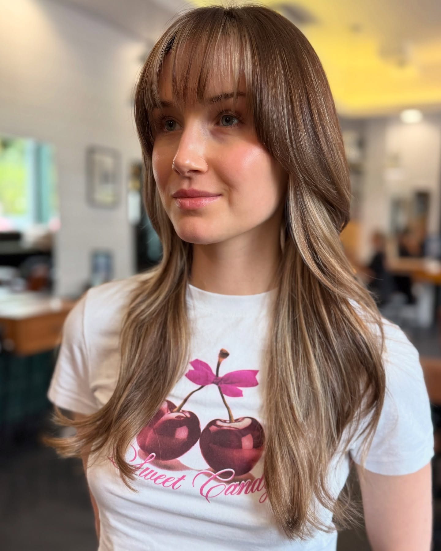 Softly Textured Long Layers with Blunt Bangs