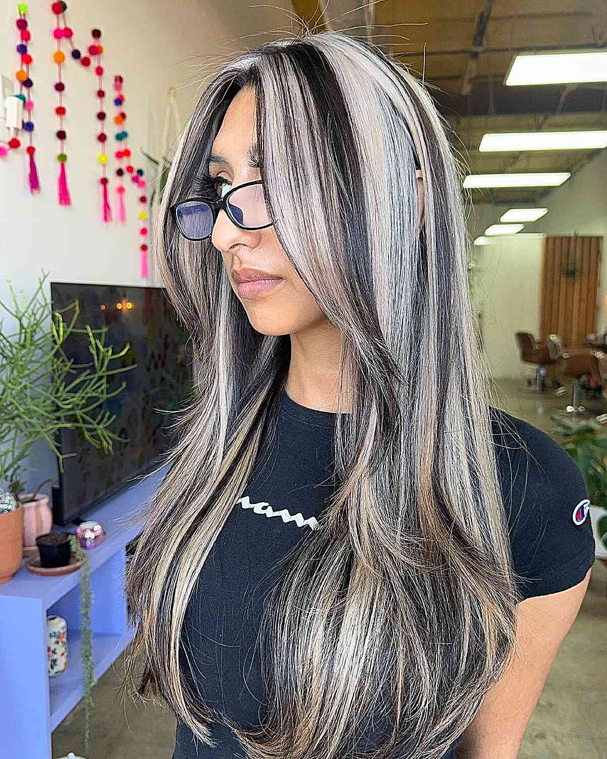 Striking Long Hair with Bold Silver Highlights
