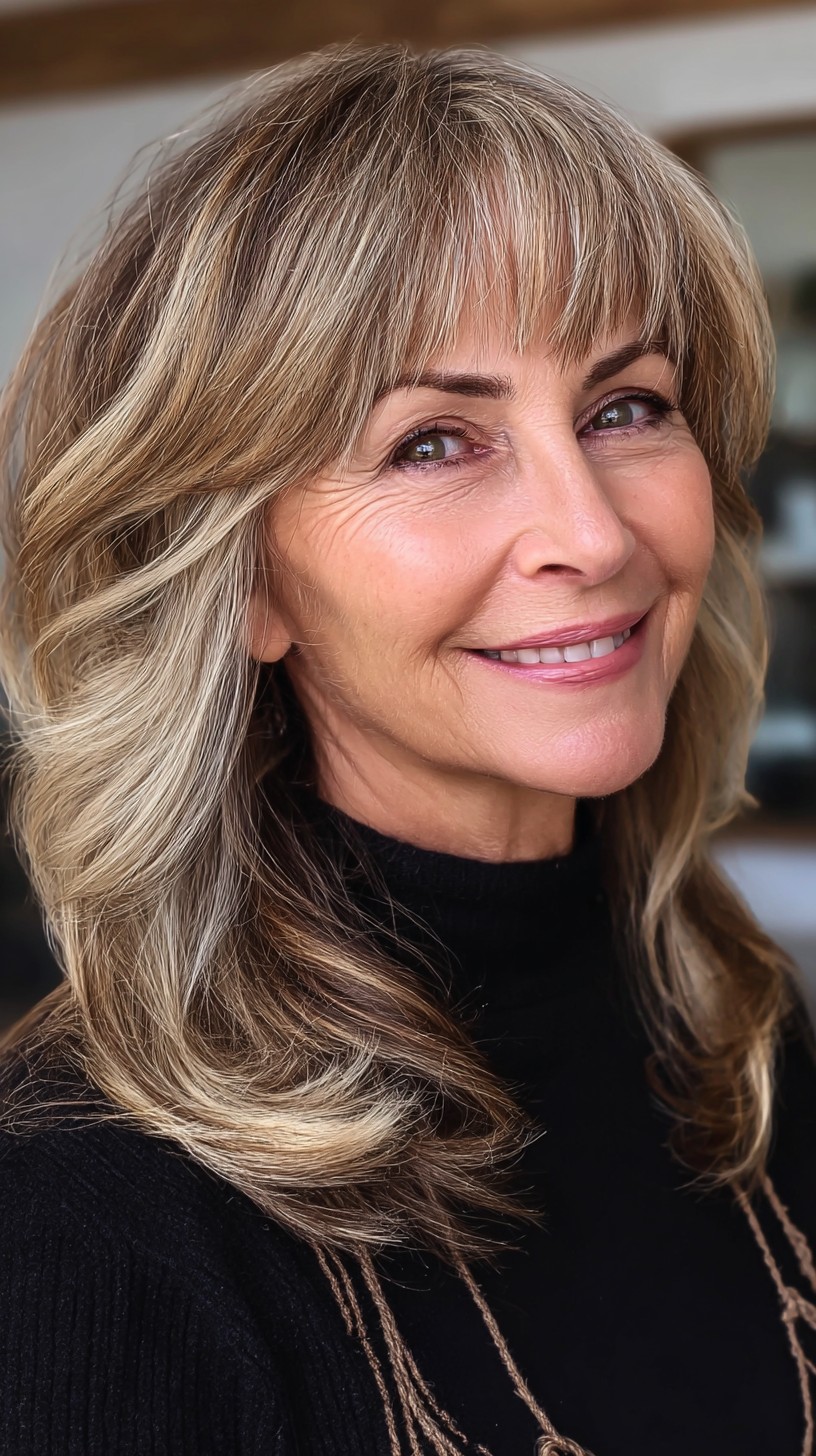 Stylish Golden Highlights with Layered Fringe
