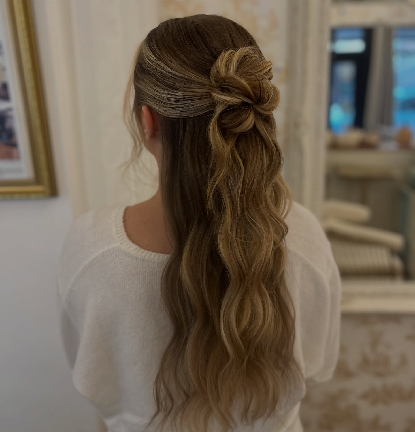 Subtle Balayage Half-Up Twist with Flowing Waves