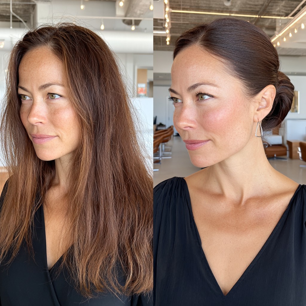 Versatile Brunette Textured Layers with Chic Low Bun