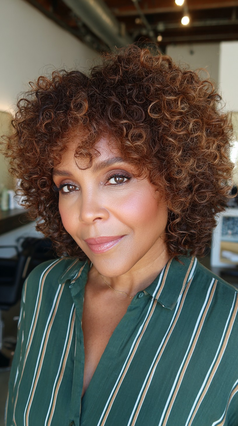 Vibrant Caramel Curly Bob with Natural Highlights