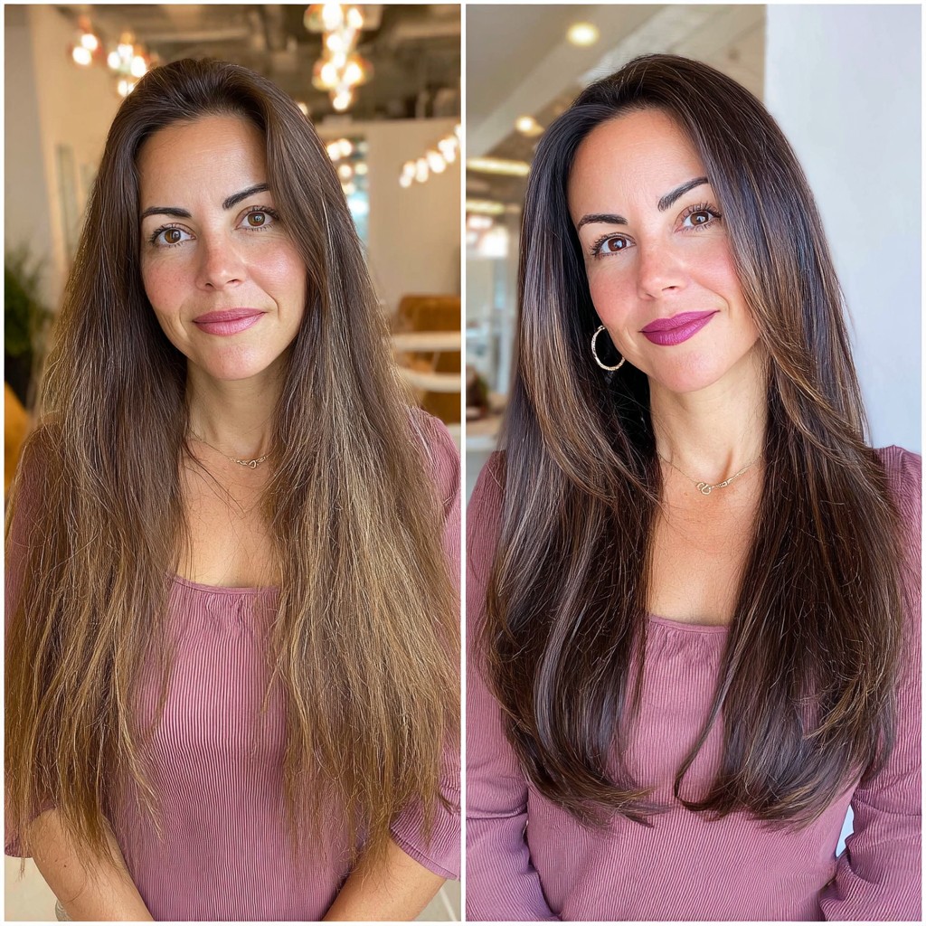 Voluminous Brunette Transformation with Seamless Layers