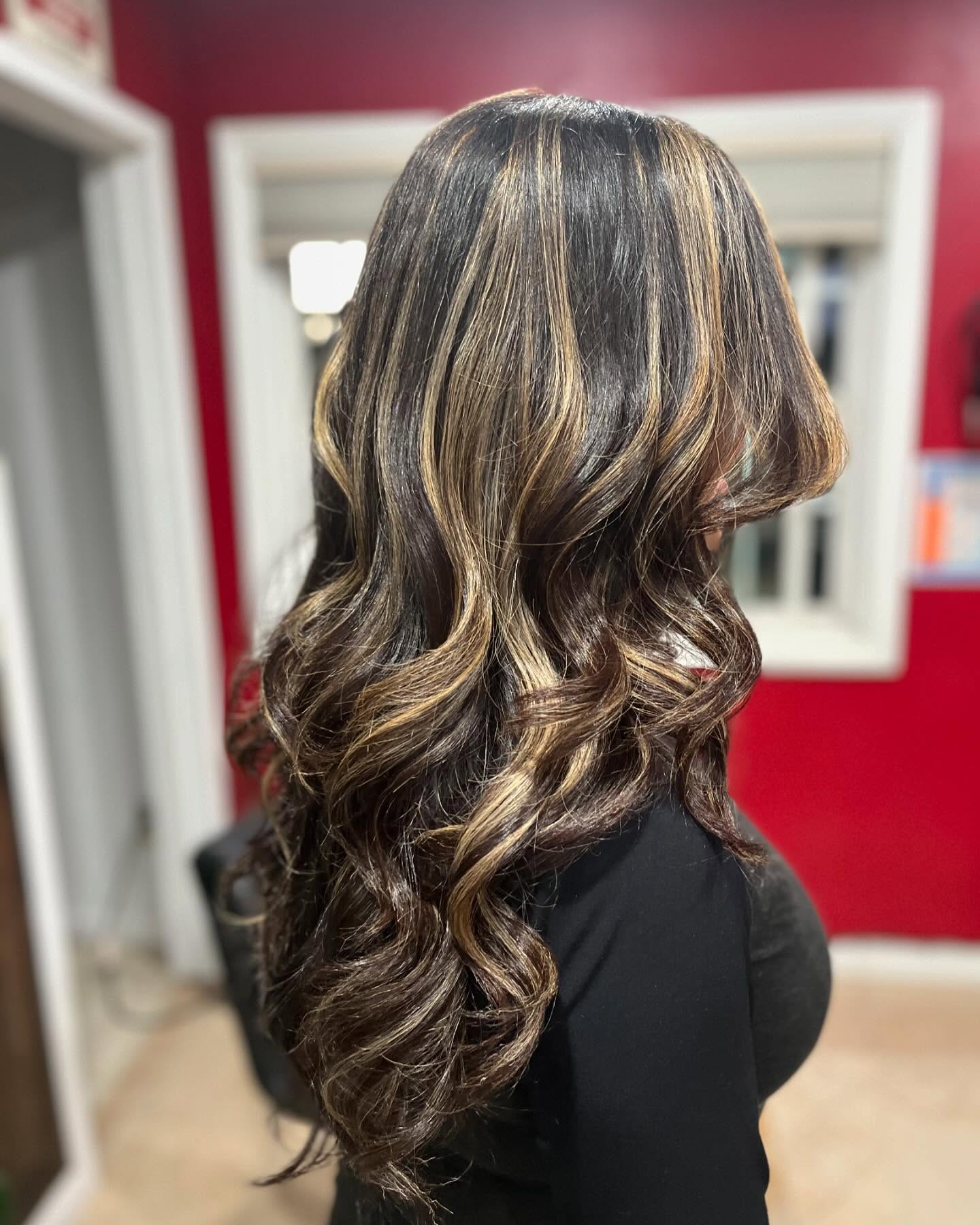 Beautiful Long Black Hair with Bold Caramel Balayage Highlights