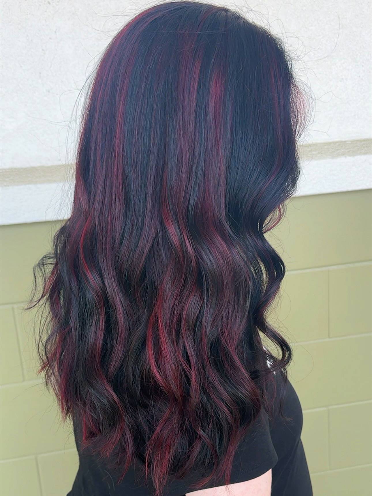 Bold Black Hair with Vibrant Burgundy Balayage