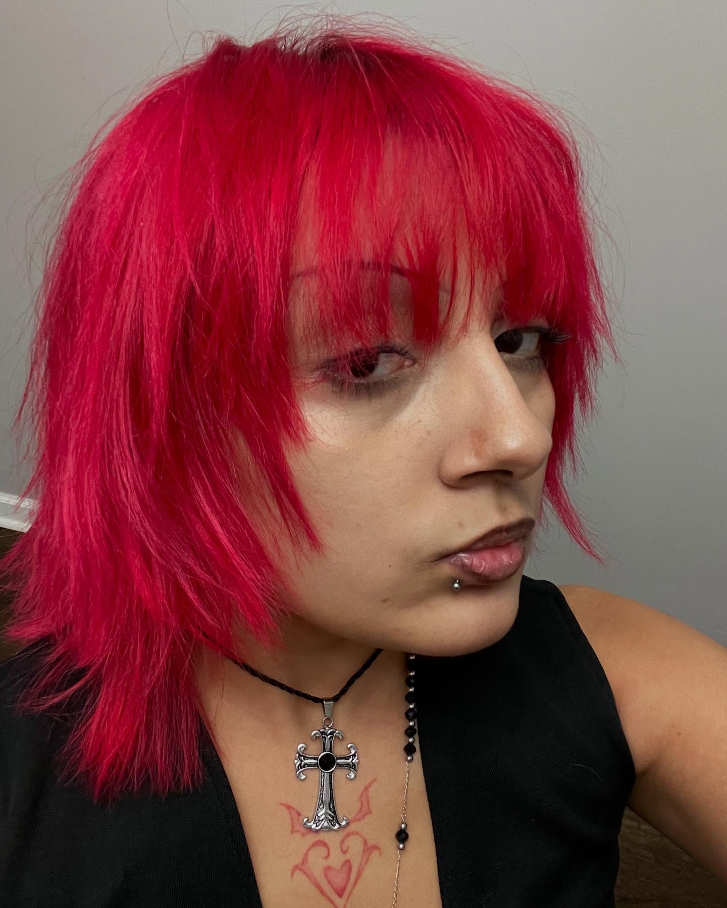 Bright Crimson Shag with Curtain Bangs