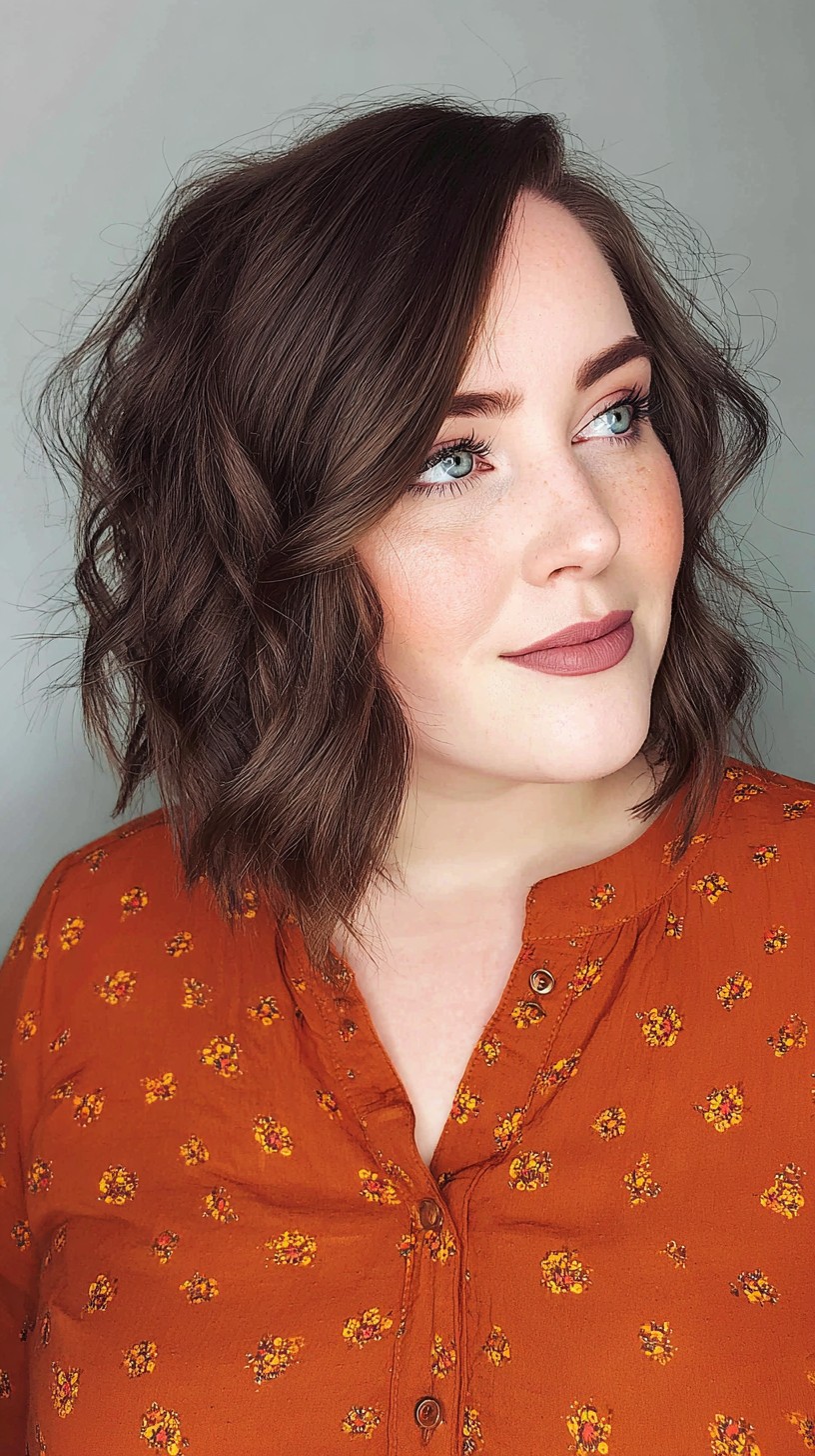 Brunette Tousled Waves with Side-Swept Bangs