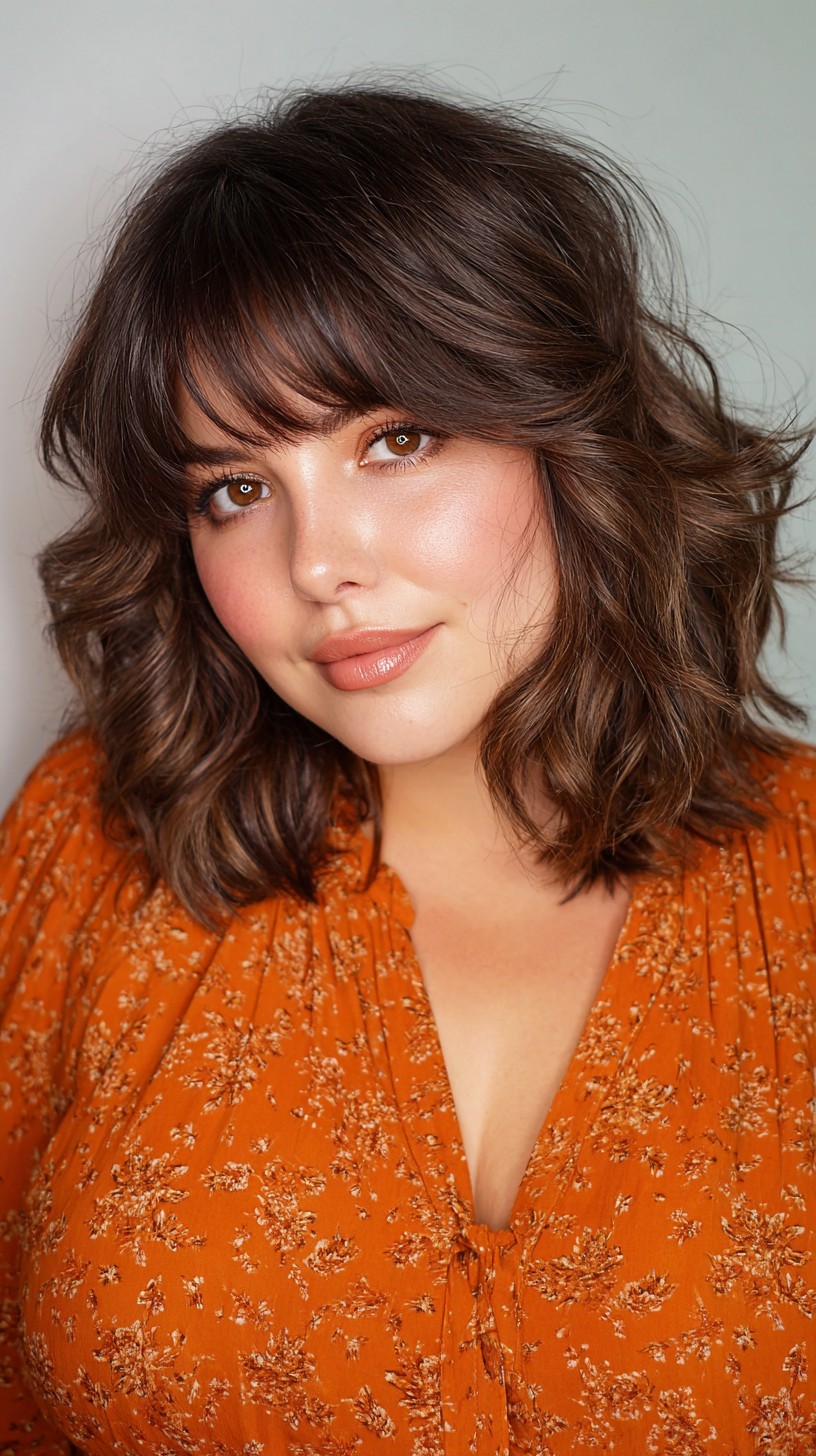Brunette Wavy Bob with Flowing Side Bangs