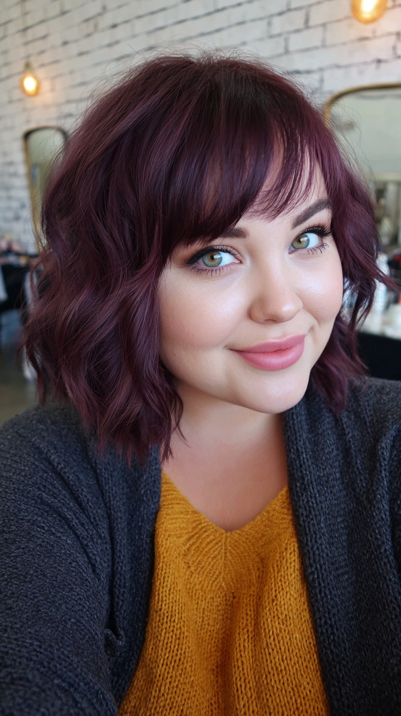 Burgundy Wavy Bob with Delicate Side Bangs