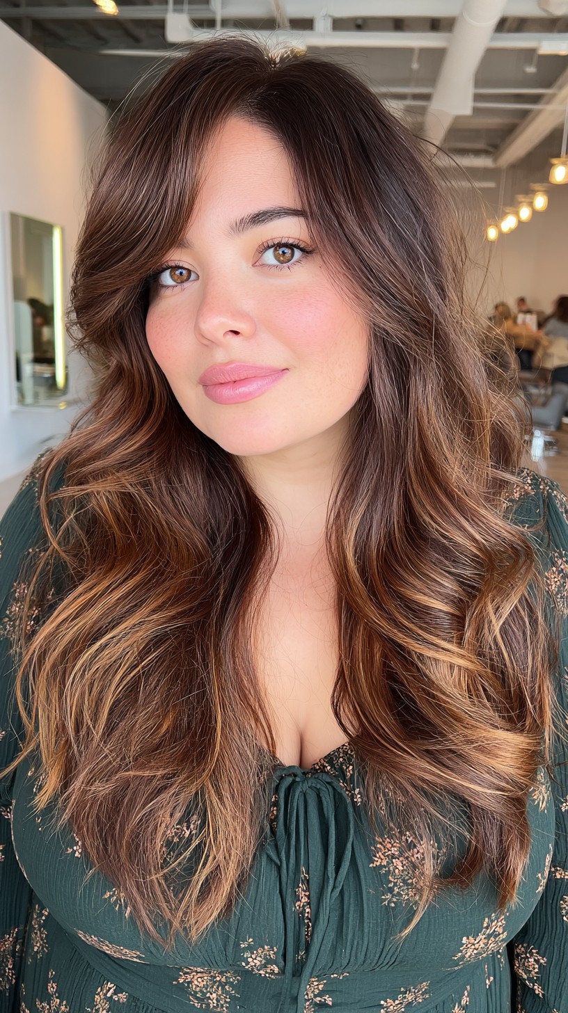 Chestnut Waves with Soft Side-Swept Bangs