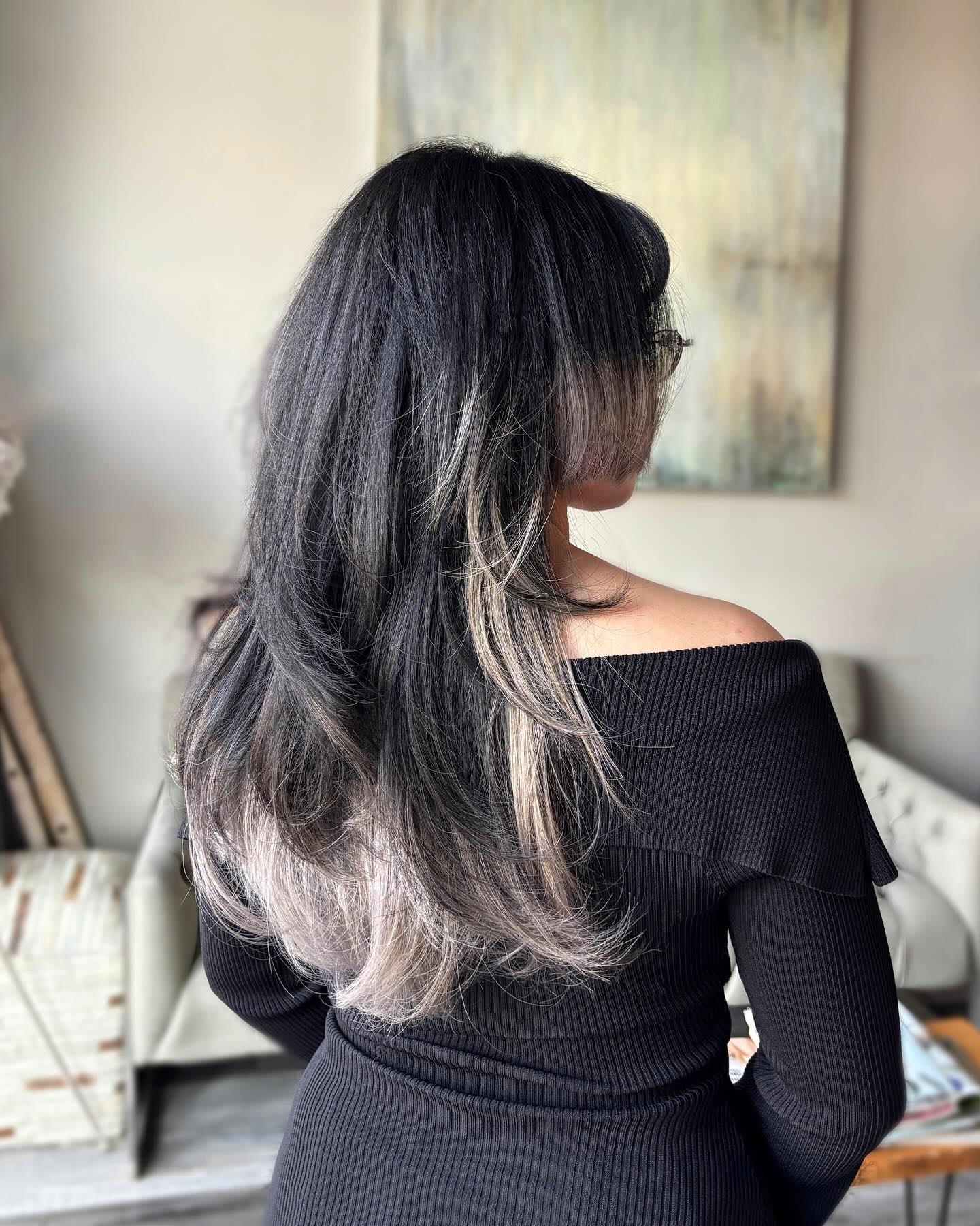 Chic Long Hime Cut with Silver Balayage