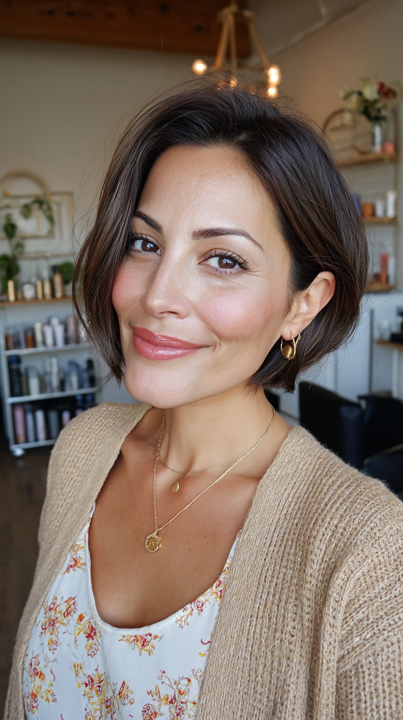 Chic Tousled Brunette Bob with Soft Framing