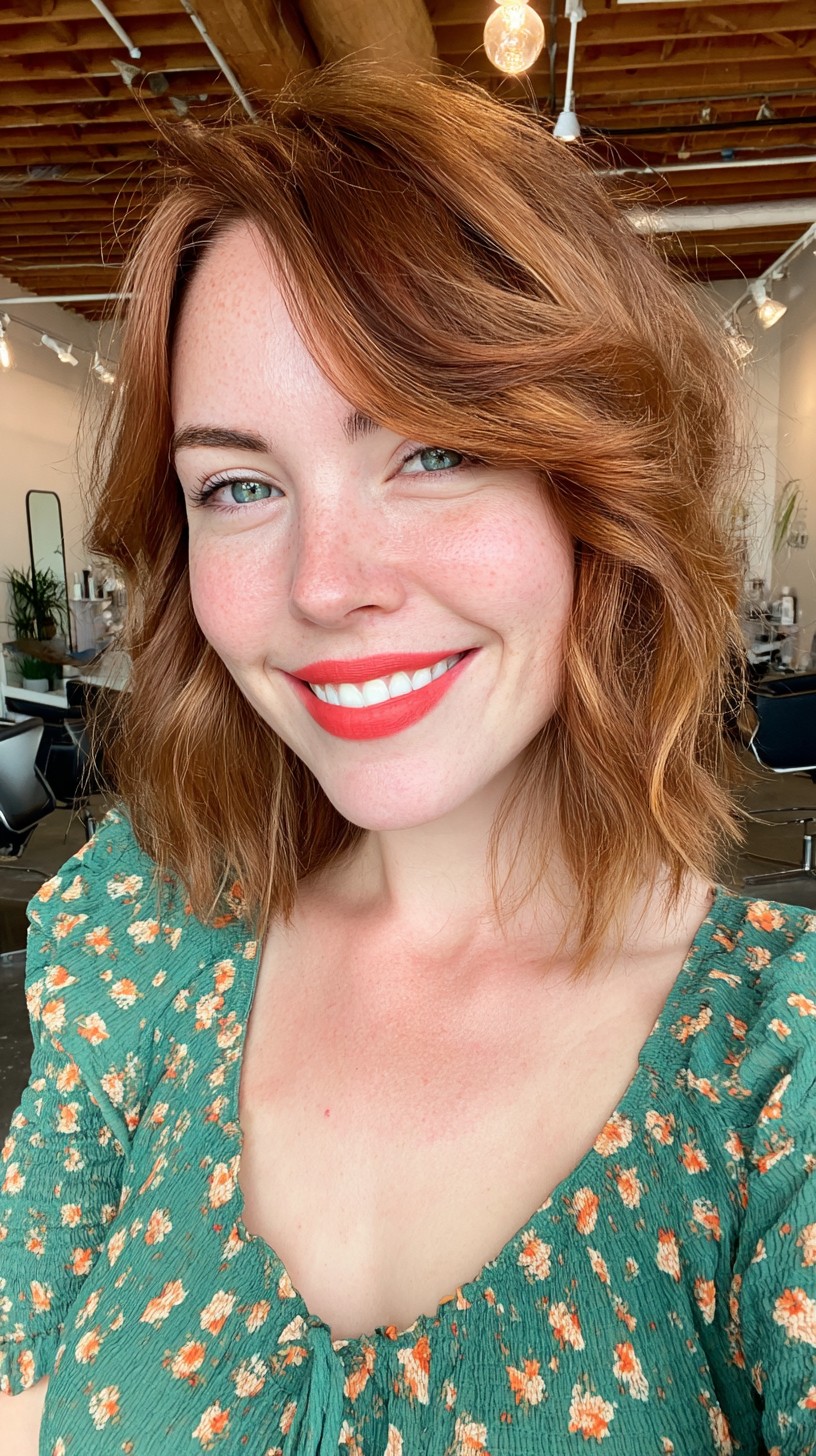 Copper Tousled Wave Bob with Side Swept Bangs