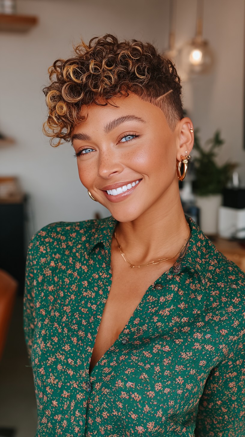 Curly Tapered Pixie with Blonde Highlights