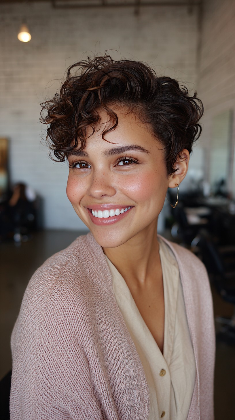 Curly Voluminous Pixie with Soft Side Part