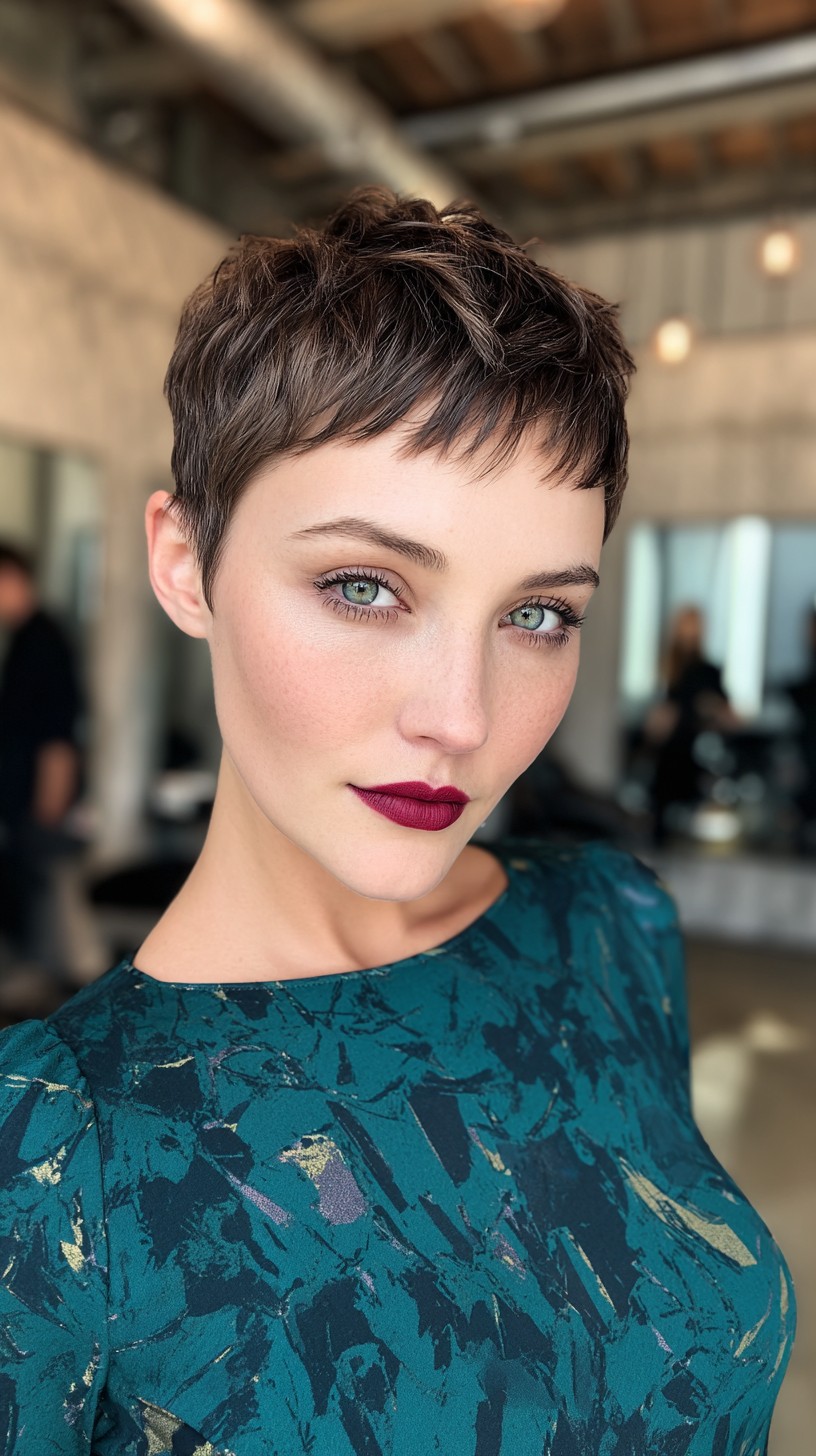 Deep-Brunette Textured Pixie with Defined Top