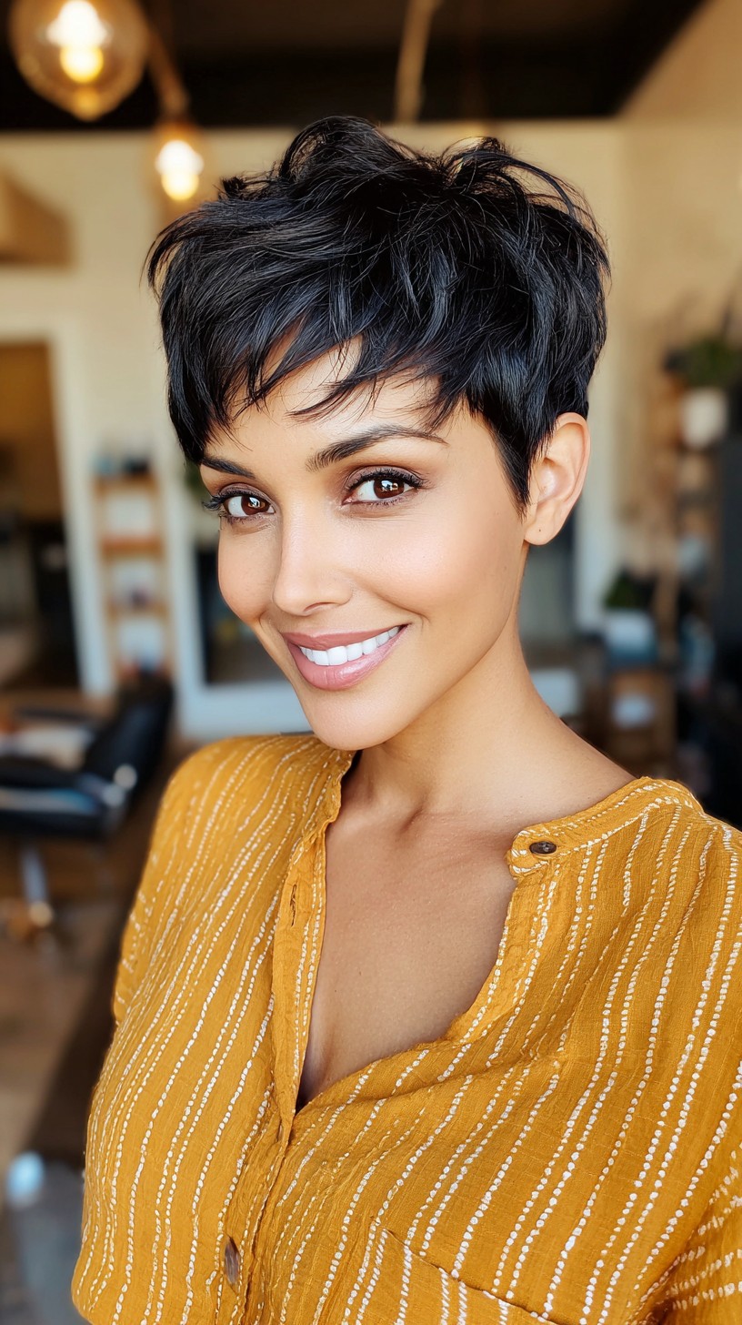 Dynamic Jet-Black Textured Pixie with Feathered Top