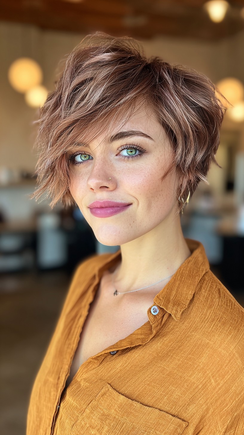 Edgy Textured Copper Pixie with Tousled Layers