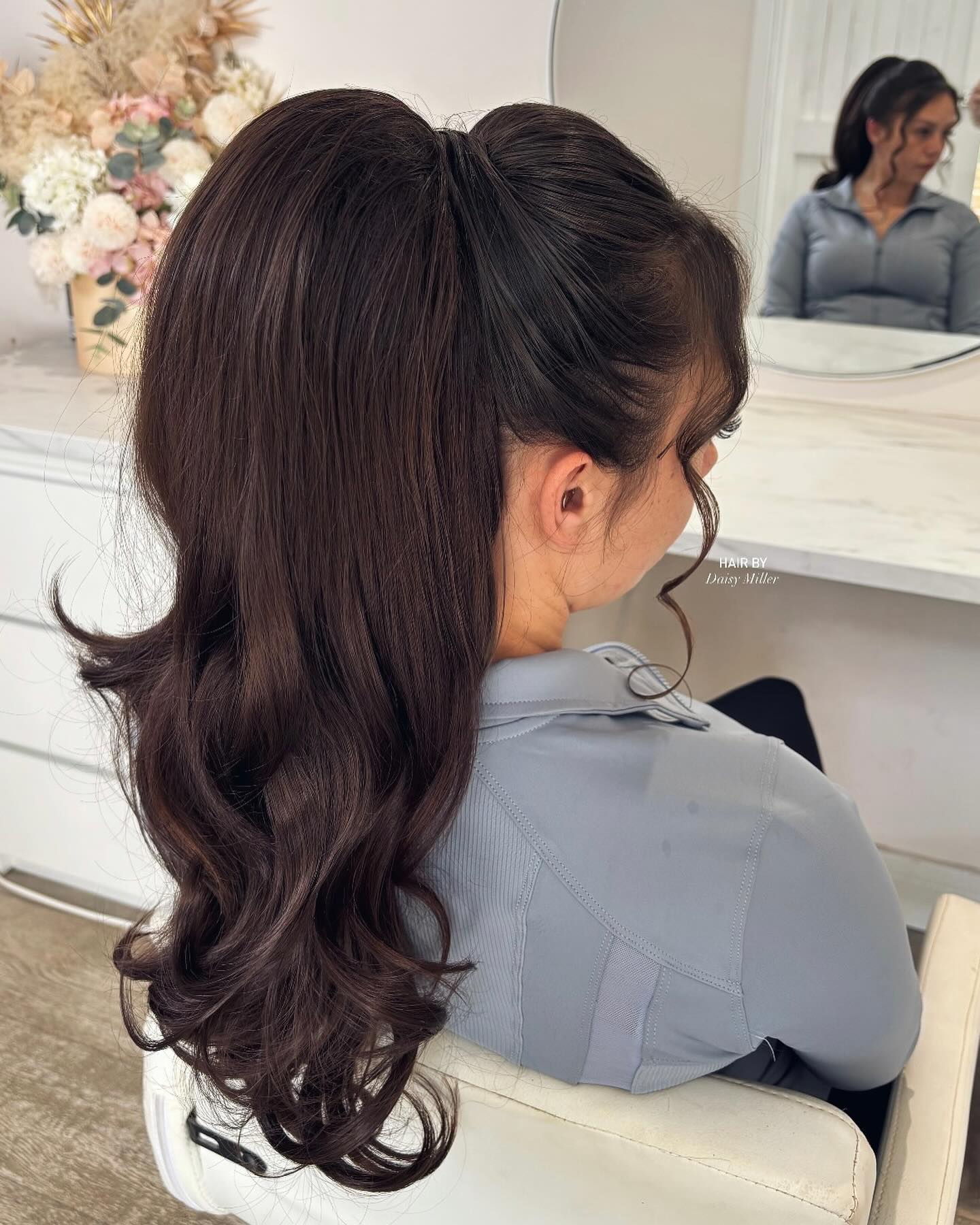 Flowing Chestnut Waves with Polished Half-Up Style