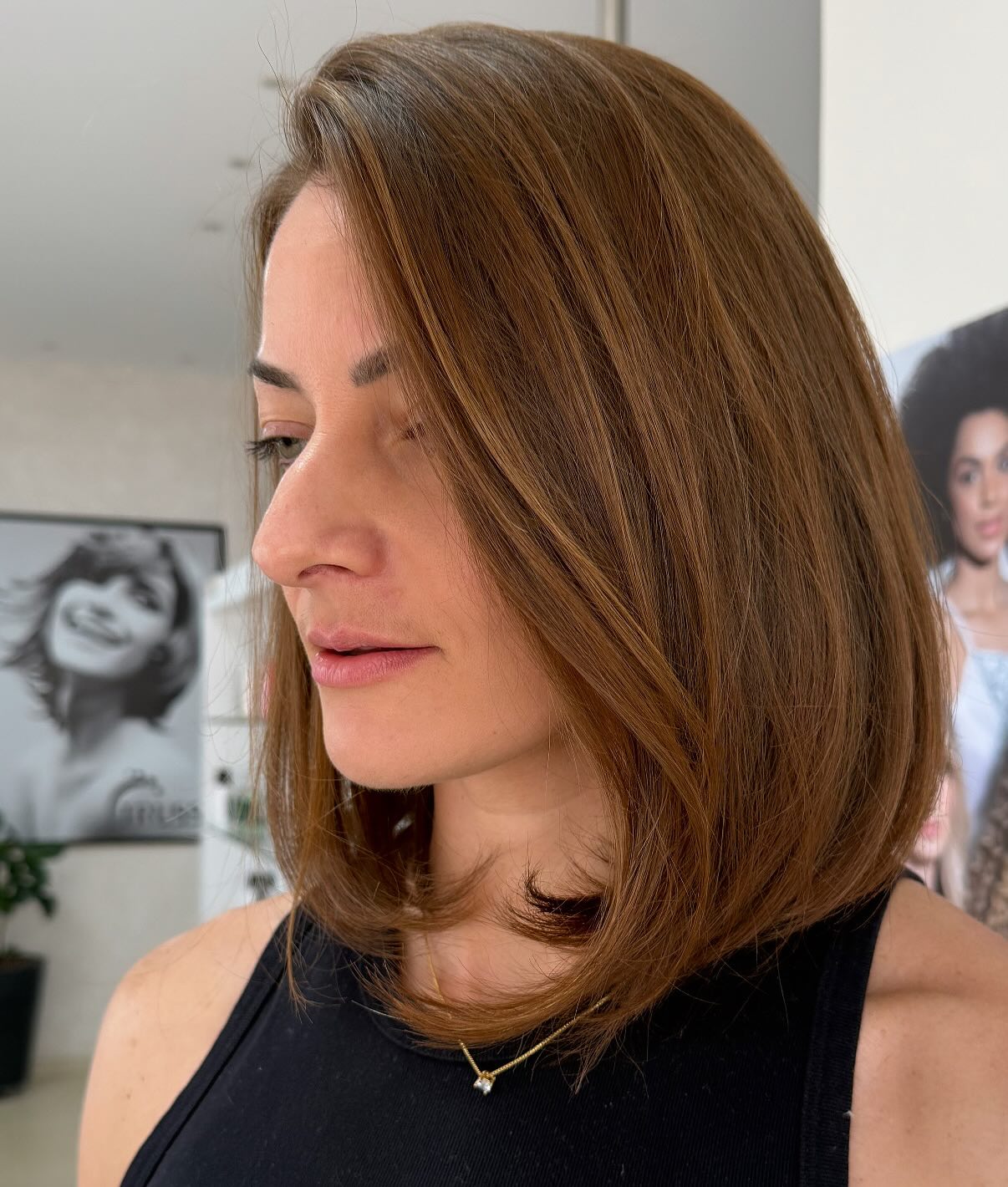 Glossy Long Layered Bob with Subtle Face-Framing Layers