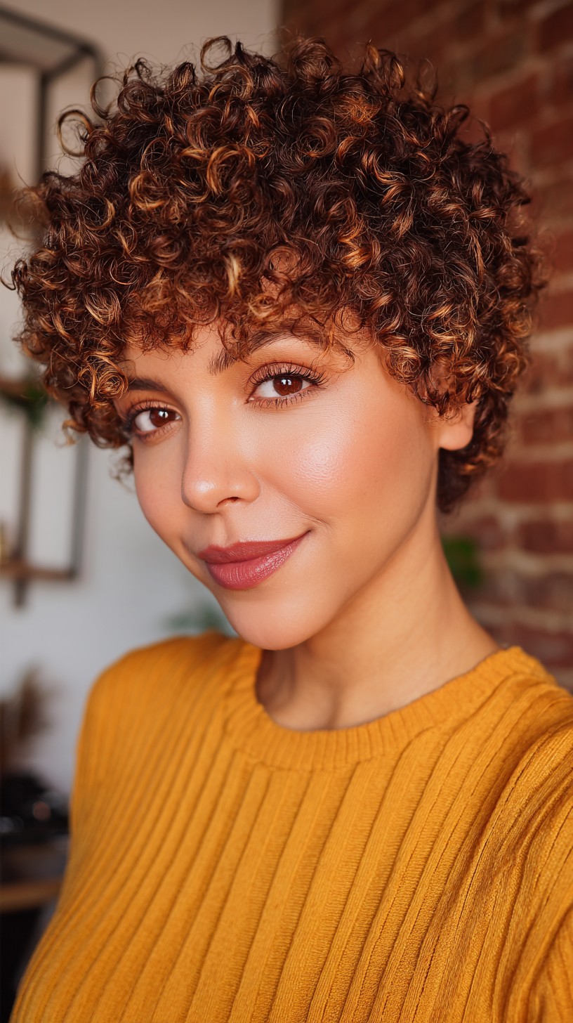 Golden-Caramel Curly Pixie with Natural Volume